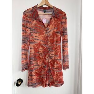 Wild Fable Orange Tie-Dye Ruched Mesh Button Down Mini Dress with Slip Small NWT